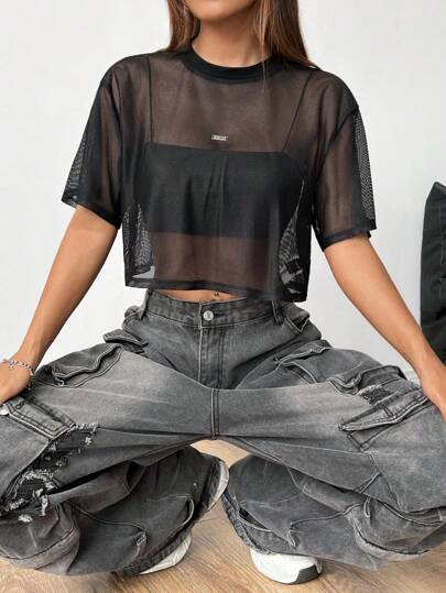 SHEIN EZwear Top de malla negra de manga corta para mujer