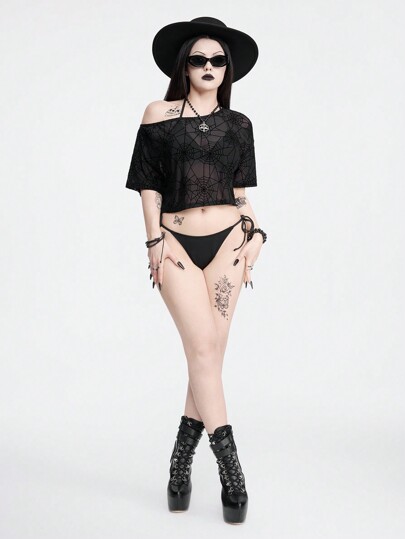 Goth Women's Gothic See-Through Flocked Spider Web Asymmetrical Neck Top