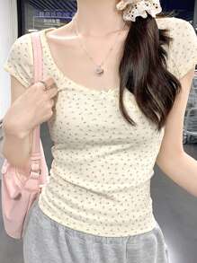 女士碎花蝴蝶结装饰短袖 T 恤，夏季假期