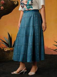 Frida Kahlo X SHEIN Plus Size Floral And Letter Print Flare Skirt - Green - View 4