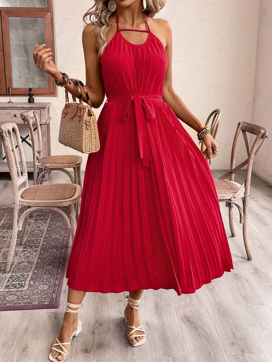 SHEIN Unity Vestido de tubo plisado y camisola con unicolor y diseño elegante para mujer - Rojo - Ver 1