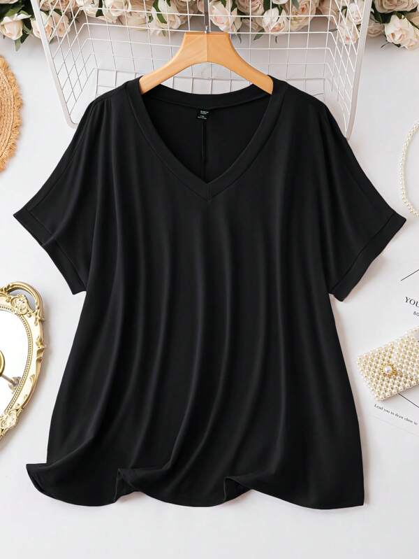 EMERY ROSE Women Plus Size Simple Solid Color Short Sleeve T-Shirt