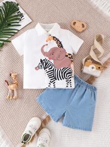 2pcs/Set New Summer Style Fun & Lovely Animal Knitted Denim Washed Casual Sporty Outfits For Baby Boys