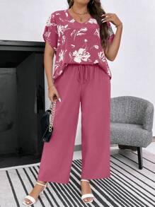 SHEIN LUNE Plus Size Spring/Summer Casual Floral Printed Batwing Sleeve Shirt And Solid Color Trousers Two-Piece Set - Hot Pink - View 3