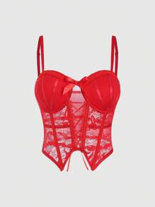 SHEIN Unity Women Solid Color Minimalist Lace Detail Top With Bow Decoration - Red - View 1