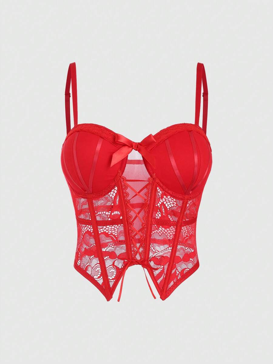 SHEIN Unity Women Solid Color Minimalist Lace Detail Top With Bow Decoration - Red - View 1