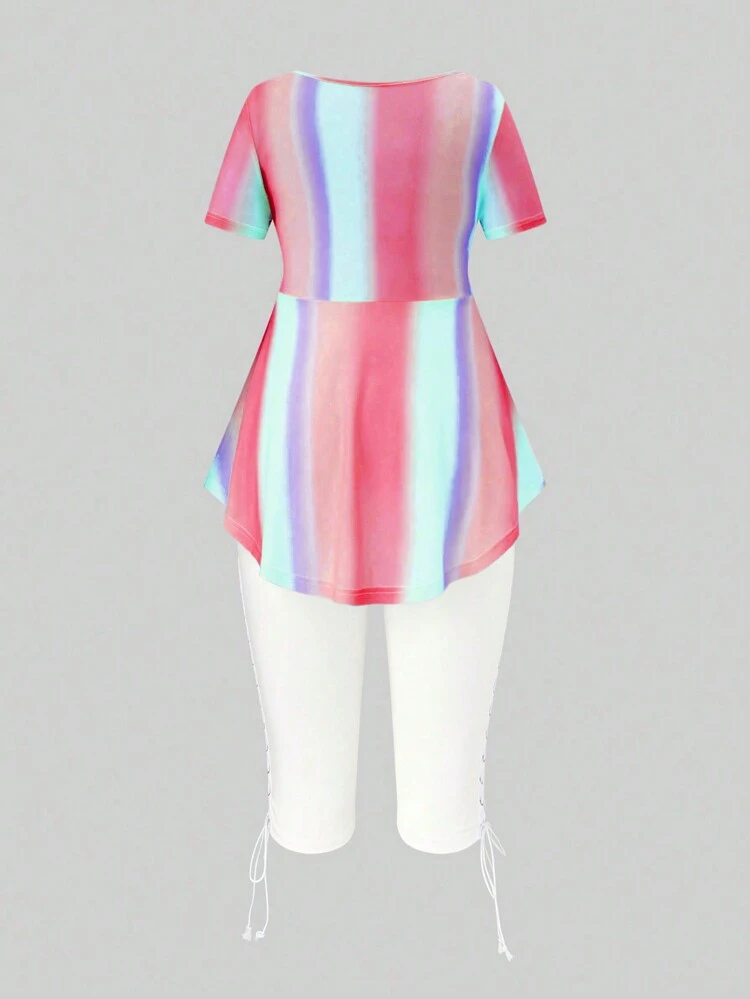 Plus Size Women Summer Gradient Color Twist Knot Short Sleeve Top And Shorts Casual 2pcs Outfit