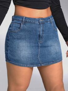 SHEIN ICON Plus Size Women Plain Casual Denim Shorts For Daily Wear
