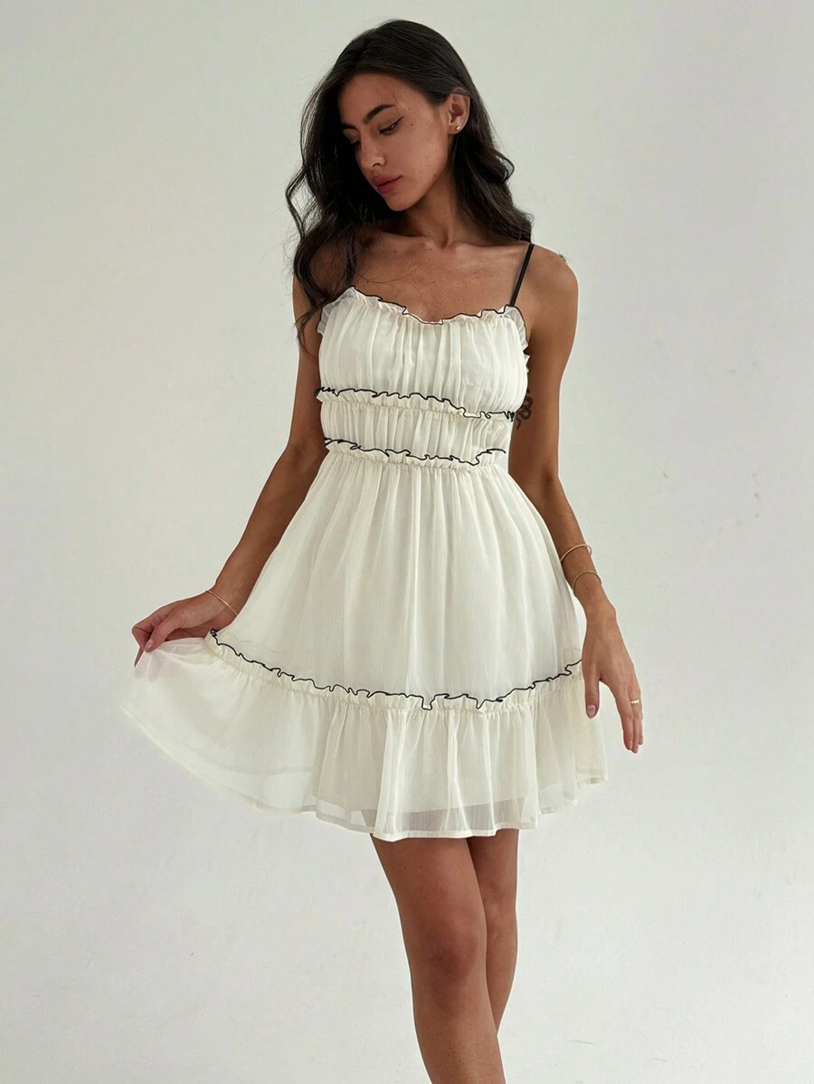 Aloruh Women Spaghetti Strap Chiffon Umbrella Dress With Color-Block Trim And Ruffled Hem, Beige - Beige - View 1