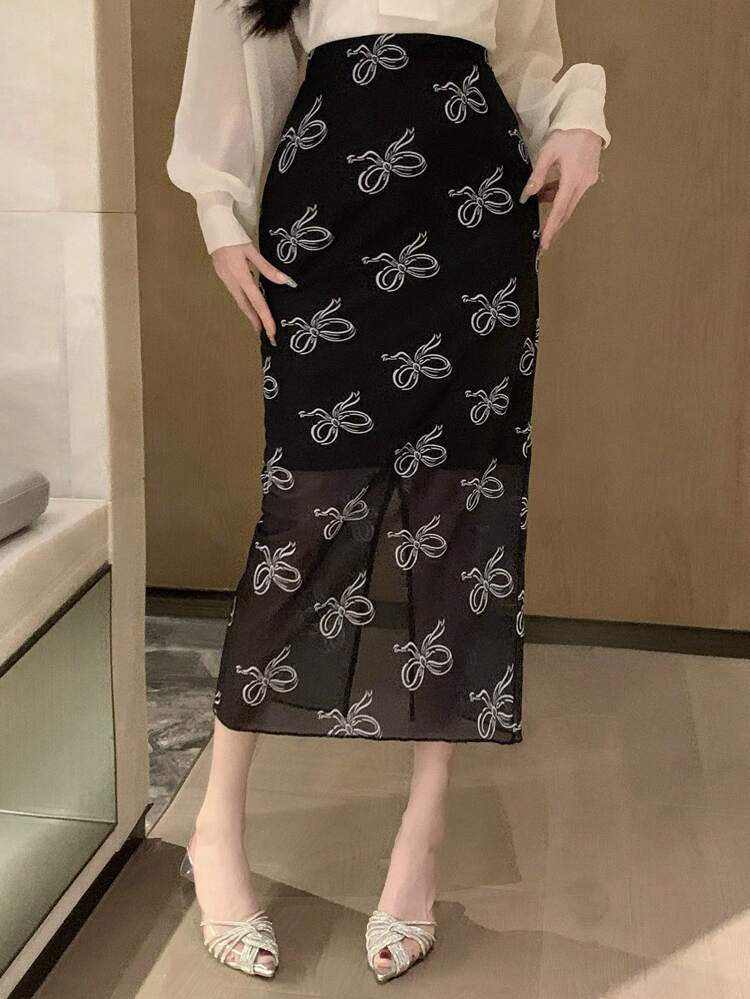 Women's Fully Allover Print Bowknot Mesh Skirt, For Party & Back To School Floral Summer,Pencil Skirt