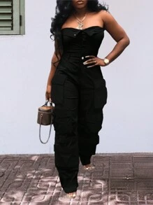 Women's Solid Color Pleated Casual Jumpsuit With Tube Top, Summer - màu đen - Xem 3