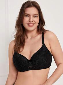 Plus Size Black Casual Medium Stretch Fabric Bra - Black - View 8