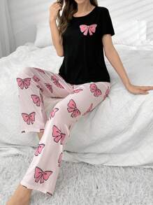 蝴蝶印花女士短袖T恤和褲子睡衣套裝