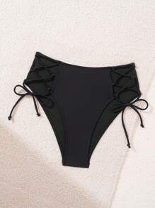 SHEIN Swim Quần bikini có dây buộc bên hông màu trơn cho bể bơi nghỉ mát ở bãi biển mùa hè - màu đen - Xem 4