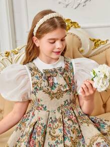 SHEIN Tween Girl Casual Stand Collar Puff Sleeve T-Shirt Dress 2pcs/Set - White - View 6