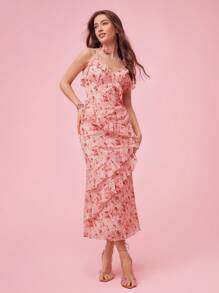 Enchnt 女士花卉印花情人領口荷葉邊夏季連衣裙帶肩帶 - 粉色 - 查看 10