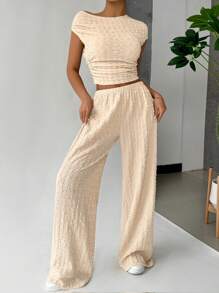 SHEIN EZwear 女式純色紋理褶皺修身短上衣和寬腿褲兩件套裝，適用於度假和休閒 - 杏色 - 查看 4