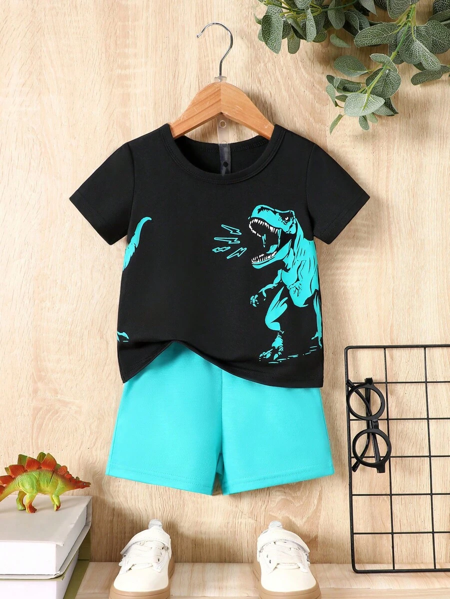 Baby Boy Dinosaur Mönster Crewneck kortärmad T-shirt och shorts Set för sommaren - Grön - Visa 1