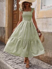 Breezaya Random Plaid & Floral Print Ruffle Trim Spaghetti Strap Vacation Leisure Dress Maxi Vacation Beach Outfits Women