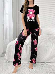 SHEIN Bộ đồ ngủ & áo thun in hình gấu bông siêu khổ Bộ đồ ngủ, kèm quần dài - màu đen - Xem 4