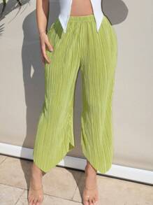 SHEIN SXY Green Summer Spring Vacation Resort Beach Wear Sexy Solid Asymmetrical Hem Plisse Cropped Pants - Green - View 5