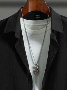 Manfinity Homme 男士纯色单排扣休闲长袖衬衫和抽绳运动裤 2 件套，秋季服装，舒适服装 - 黑色 - 查看 6