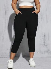 SHEIN Essnce Quần legging lưng thun đính cườm thông thường dành cho nữ mùa hè cỡ lớn, Quần nữ, Quần áo nữ mùa hè, Quần đen, Quần crop, Quần legging, Quần legging, Quần âu, Quần cong, Capris nữ, Quần legging nữ - màu đen - Xem 6