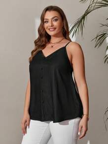 EMERY ROSE Camiseta tipo tanque de tirantes azul de imitación de papel para mujeres de talla grande con detalles falsos de botones - Negro - Ver 4
