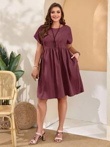 EMERY ROSE Vestido de unicolor con cuello redondo y estreñidor de cintura para mujer de talla grande, ideal para primavera - Burdeos - Ver 4