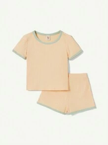 Cozy Pixies Áo sơ mi tay ngắn cổ tròn màu khối cho bé gái và quần short thường ngày 4 cái/bộ Trang phục phù hợp - màu xanh lá - Xem 5