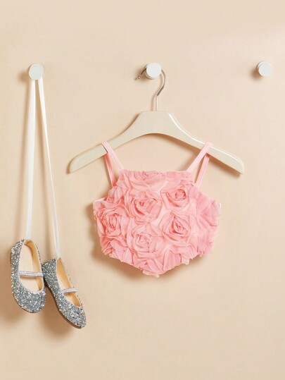 SHEIN Baby Girl Fashionable Cute And Versatile Flower Patched Basic Top