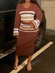 Slaydiva Women Color Block Striped Sweater And Skirt Two-Piece Set - Khaki - View 1