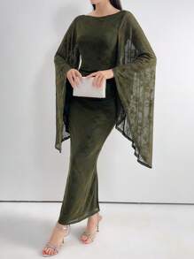 Modelyn 女士优雅花朵植绒网纱喇叭袖修身长裙春季长款晚礼服 - 橄欖綠 - 查看 6