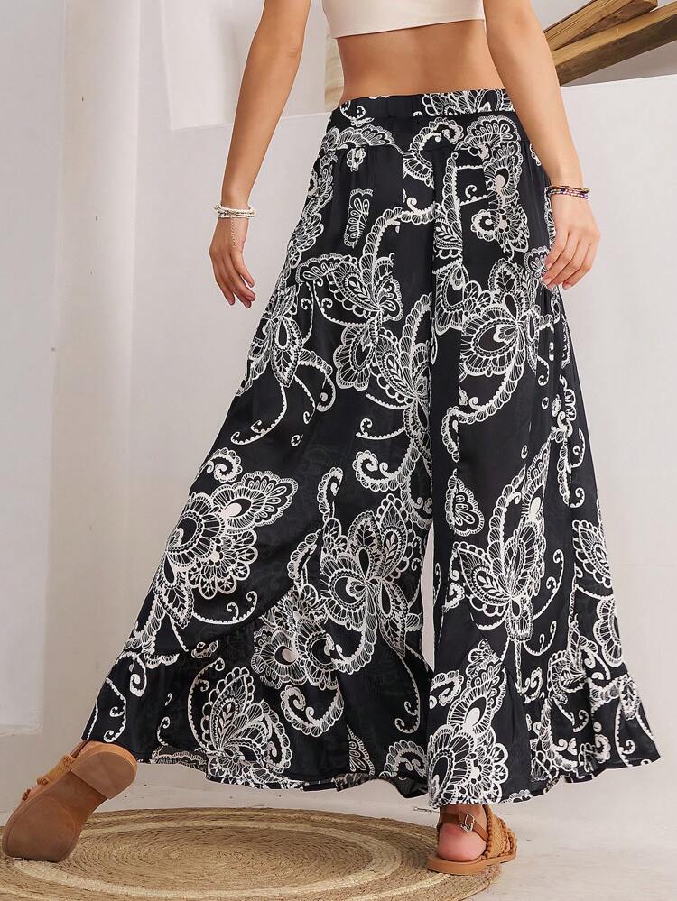 Flower Print Vacation Style Women Wide Leg Loose Pants
