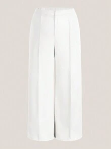 SHEIN BASICS Plus Size Women Solid Color Pleated Loose Straight Wide Leg Casual Pants For Daily Wear - White - View 8