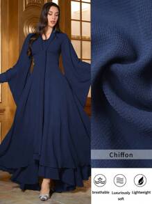 Vestido de cintura ceñida con mangas acampanadas de unicolor para mujer - Azul - Ver 3