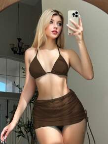 Swim Mod Phụ nữ đi biển mùa hè Thời trang áo ngực dây chắc chắn & Bộ bikini đáy bơi Bộ đồ tắm - Cà phê nâu - Xem 1