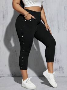SHEIN Essnce Quần legging lưng thun đính cườm thông thường dành cho nữ mùa hè cỡ lớn, Quần nữ, Quần áo nữ mùa hè, Quần đen, Quần crop, Quần legging, Quần legging, Quần âu, Quần cong, Capris nữ, Quần legging nữ - màu đen - Xem 1