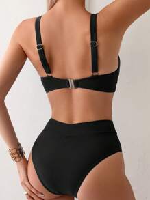 SHEIN Swim 圓領純色比基尼套裝，夏季沙灘 - 黑色 - 查看 2