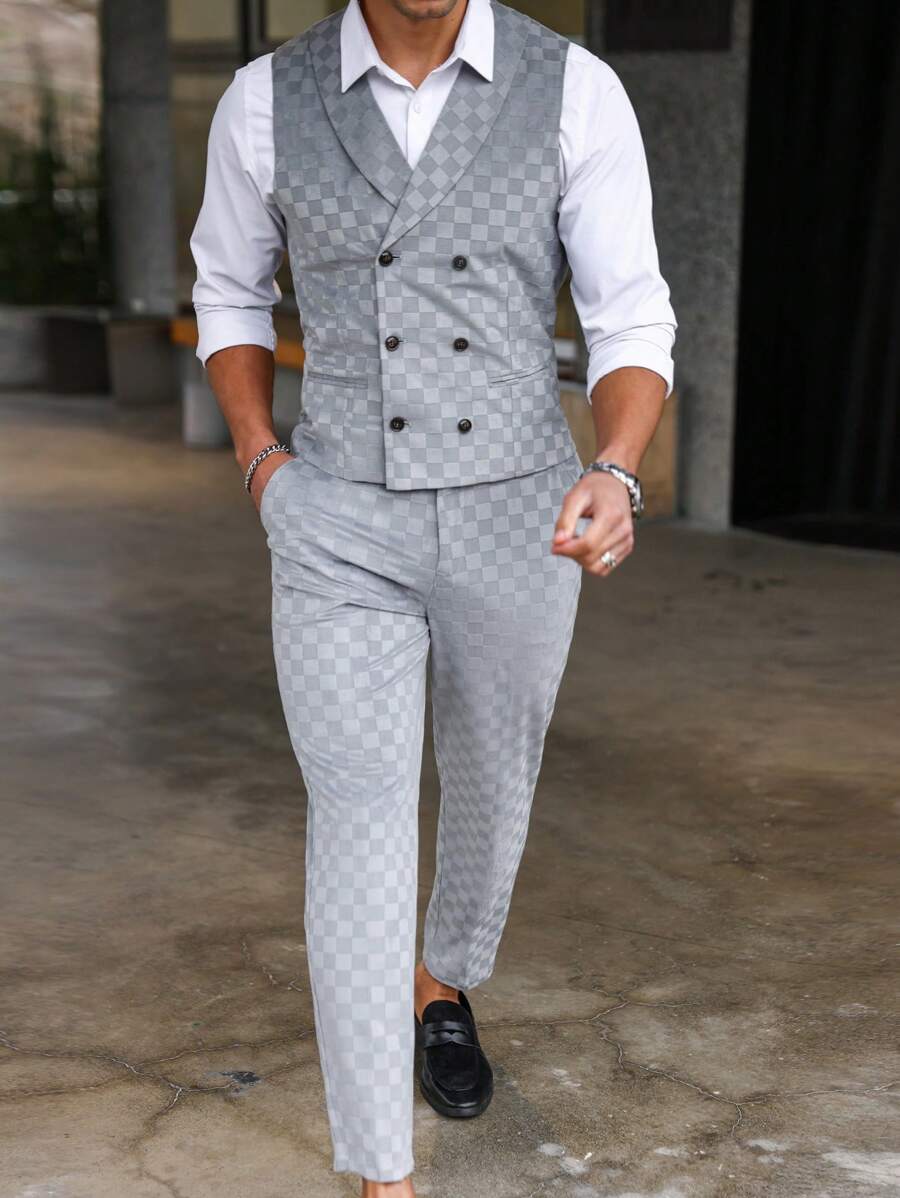 Manfinity Mode Men's Plaid Suit Set - Light Grey - View 1