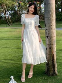 DAZY 女士方领荷叶边袖 A 字裙夏季太阳裙，休闲女士连衣裙 - 白色 - 查看 6