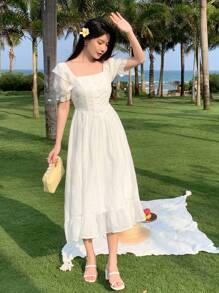 DAZY 女士方领荷叶边袖 A 字裙夏季太阳裙，休闲女士连衣裙 - 白色 - 查看 7