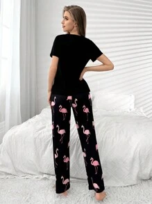 Flamingo Printed Short Sleeve Top & Long Pants Pajama Set Pajamas Set For Womansleepwear Women - Black - View 2
