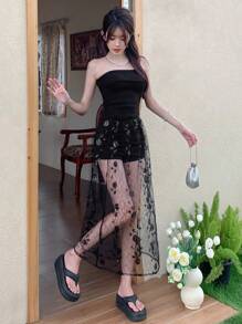 DAZY Women Sexy Sheer Mesh See-Through Skirt