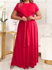 SHEIN LUNE Plus Size Short Sleeve Top And Knee-Length Skirt Set - Red - View 5