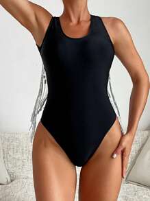 SHEIN Swim Sparkling Halter Neck Hollow Out One-Piece Swimsuit With Tassel For Beach Vacation Summer - Black - View 2