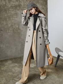 Spring/Autumn Casual Solid Color Double-Breasted Long Trench Coat Jacket