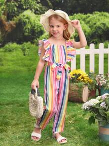 SHEIN 小女童塊狀條紋荷葉邊連身褲 - 彩色 - 查看 5