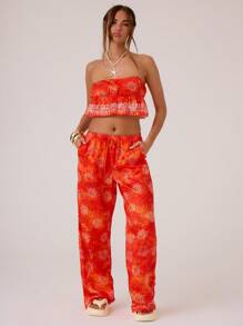 MUSERA Quần ống đứng cạp thấp in họa tiết dệt kim kiểu Ibiza, phù hợp cho mùa hè, phong cách boho chic, thanh lịch, lễ hội hóa trang, trang phục thường ngày. - trái cam - Xem 3