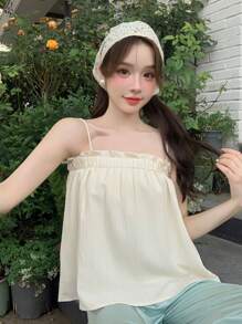 DAZY 女士纯色夏季荷叶边度假吊带背心娃娃装上衣 - 米色 - 查看 4